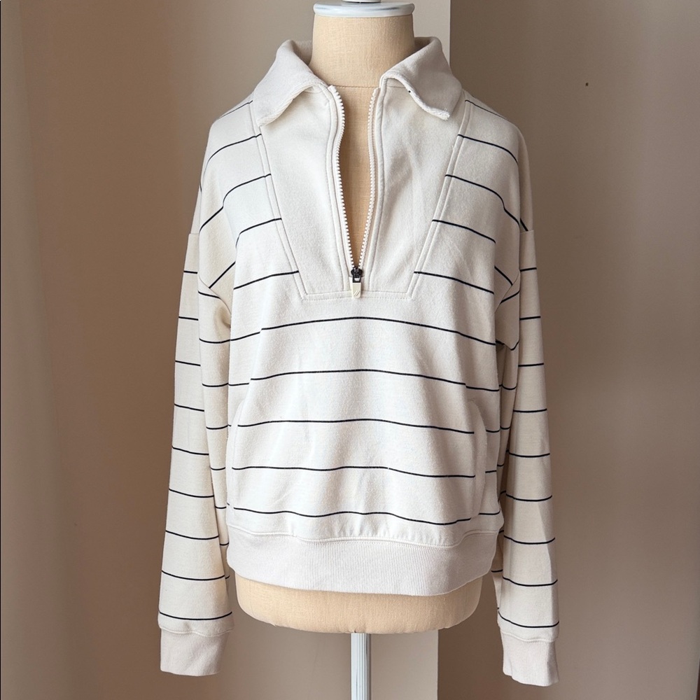 Striped Cream Quarter Zip Pullover Sweater